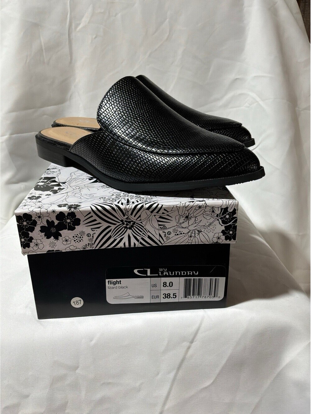 CL by Chinese Laundry Flight Mules Lizard Black Slip On Loafer Flats Size 8 NIB